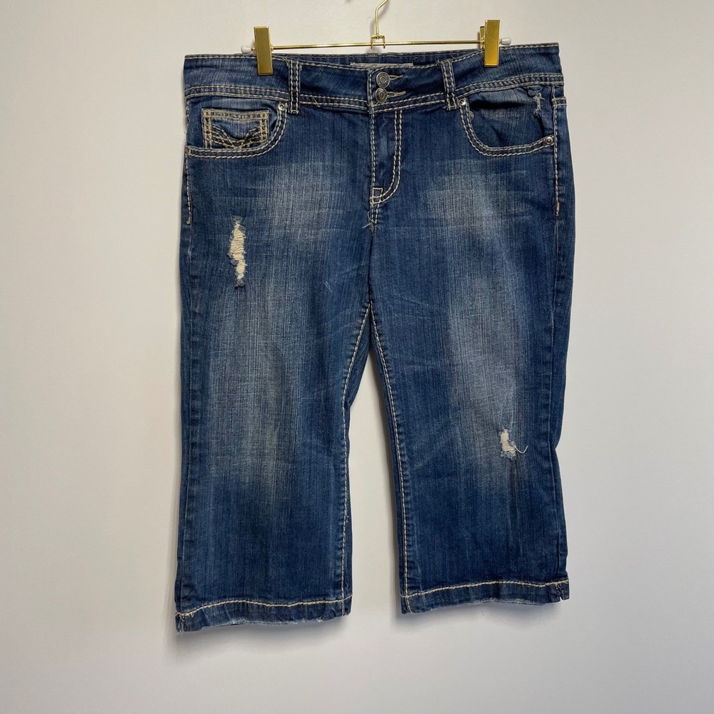Vigoss Collection Womens Blue Denim Capri Jeans Distressed‎ Embellished Size 11